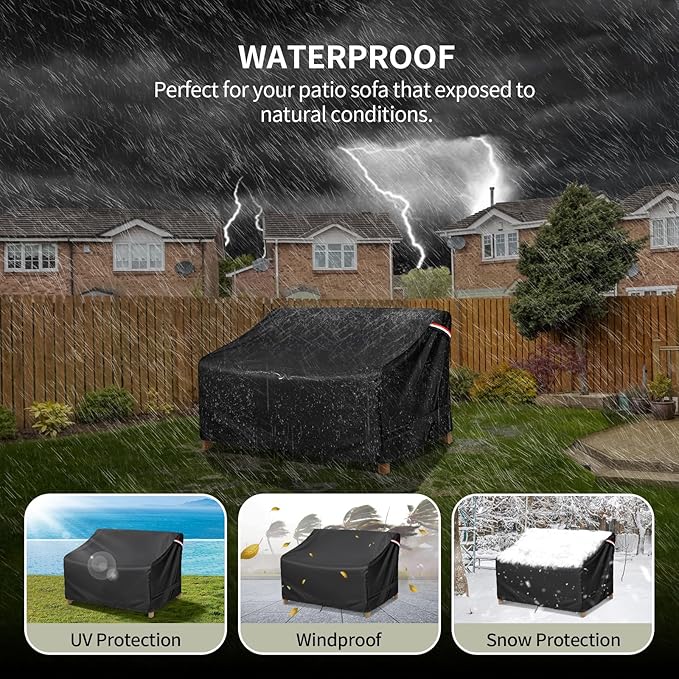 KylinLucky All-Weather Patio Sofa Cover 58"x40"x31", Heavy Duty Waterproof Outdoor Couch Cover with Air Vents & Security Straps, Fits Deep Seating Furniture, Black