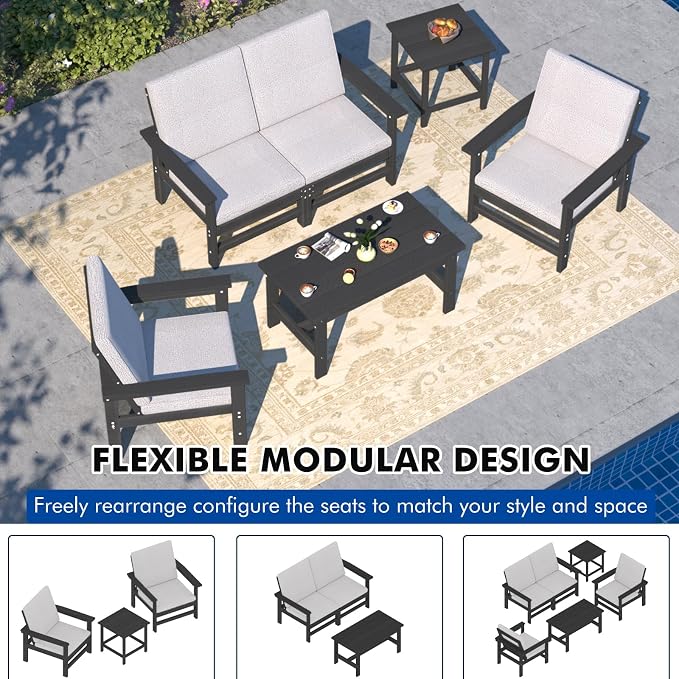 3-Piece HDPE Patio Furniture Set, All-Weather Outdoor Sectional Sofa Set with Coffee Table & Cushions - Wood-Like Composite Conversation Couch for Deck, Lawn, Balcony - Black Frame