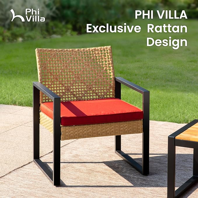 PHI VILLA Wicker Patio Furniture Set for 4, Small Patio Loveseat and Chairs with Acacia Wood Coffee Table, Outdoor Conversation Set with Red Cushion, Front Porch Furniture for Deck, Yard, Garden