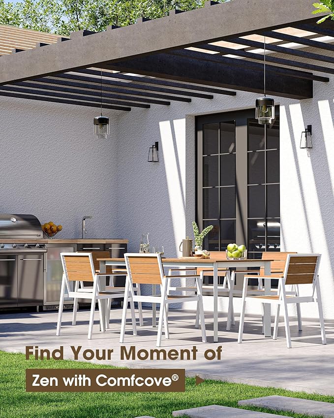 Outdoor Dining Set for 4, Aluminum Patio HDPS Outdooor Table and Chairs Set with Umbrella Hole, All Weather Patio Furniture Set, 5 Peice Patio Dining Table Set (White & Teak)