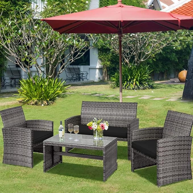 DORTALA 4 Piece Patio Furniture Set, Outdoor Wicker Conversation Set with Soft Cushions & Tempered Glass Coffee Table, Rattan Patio Sofa Bistro Sets for Courtyard Balcony, Black