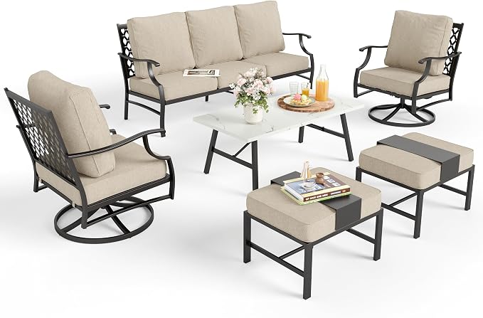 MIXPATIO Patio Furniture Set 6 pcs, Outdoor Patio Furniture, 3-Seat Sofa, 2 Swivel Chairs, 2 Ottomans, Coffee Table and 5.75" Extra Thick Cushion, Patio Conversation Set,Beige