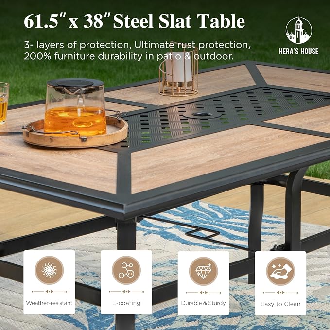 HERA'S HOUSE 7pc Patio Dining Set, Metal Table with PVC Top, Brown Chairs | 61" rectangular table with umbrella hole, 6 textilene chairs. Waterproof, rust-resistant, all-weather for yard, porch