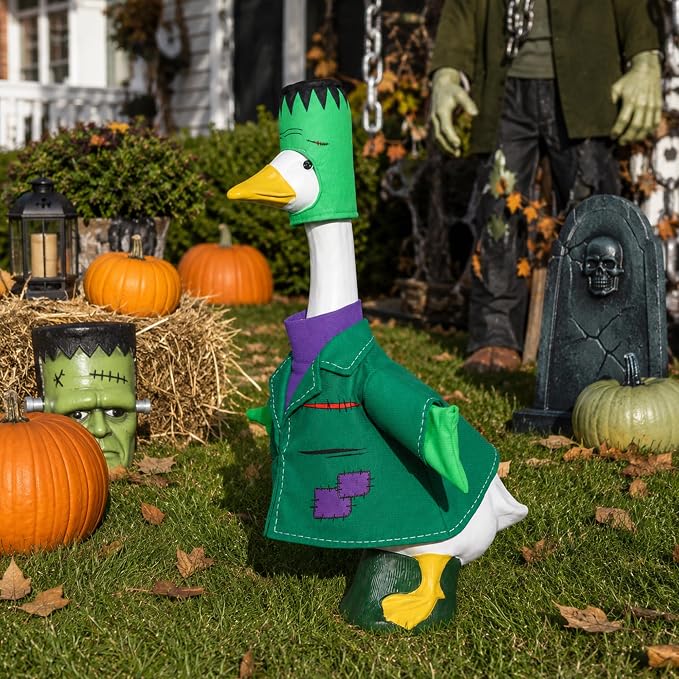 Watayo 2 Pcs/Set Halloween Monster Goose Outfits, Porch Goose Statue Monsters Costume, Dark Green Lawn Goose Monster Clothes with Hat for 23" Statue Halloween Fall Outdoor Patio Garden Yard Decor