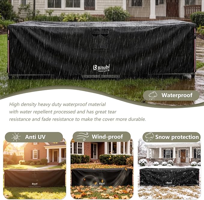 Bitubi Rectangular Patio Table Cover - Heavy Duty 600D Tough Canvas Waterproof Outdoor Dining Table and Chairs Universal Furniture Cover Size 126L x 74W x 28H inch, Black