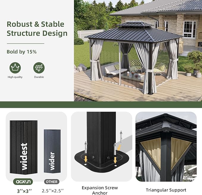 Aoxun 10’x12’ Hardtop Gazebo, Permanent Metal Pavilion with Galvanized Steel Double Roof, Outdoor Pergola with Nettings and Curtains for Lawn, Garden, Patio (Gray)
