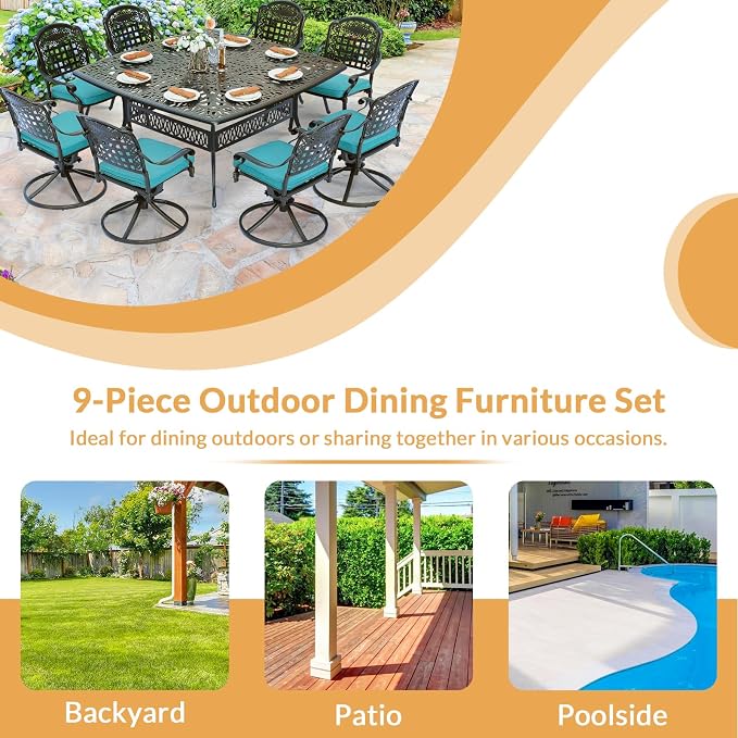 9 Piece Outdoor Patio Dining Set for 8, Cast Aluminium Large Square Dining Table & 4 Swivel Rocker Chairs, 4 Stationary, 8 Cushions, Umbrella Hole, Patio Furniture Set for Garden, Ocean Blue