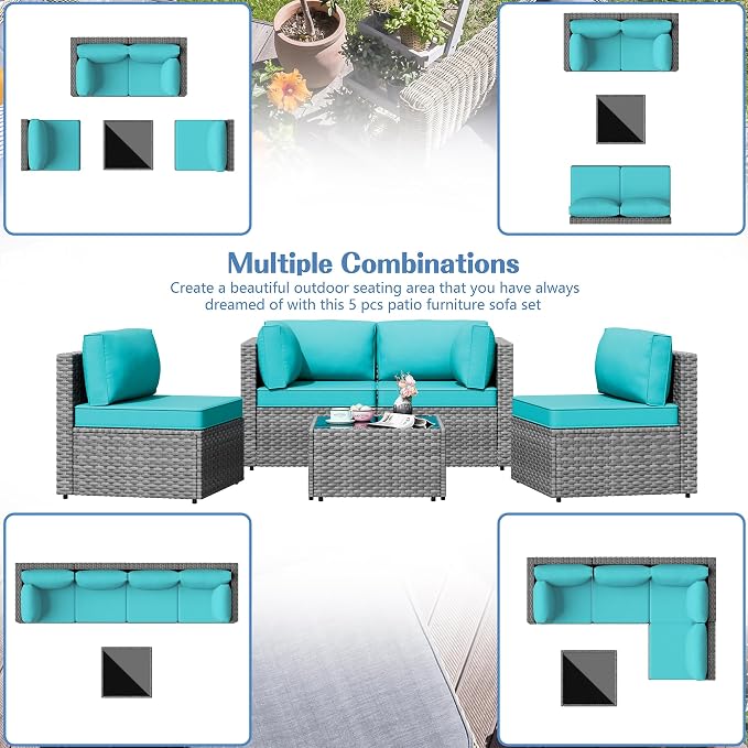 5 Piece Outdoor Patio Furniture Set, Silver Rattan Wicker Sectional Sofa, All Weather Conversation Set with Washable Cushions & Glass Coffee Table for Backyard Poolside Garden Porch,Blue