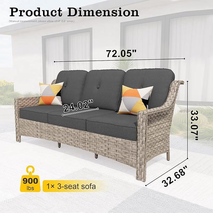 HOOOWOOO Patio Couch,Outdoor Wicker 3 Seater Sofa,All Weather Resistant High Back Rattan Deck Matching Furniture(Black)