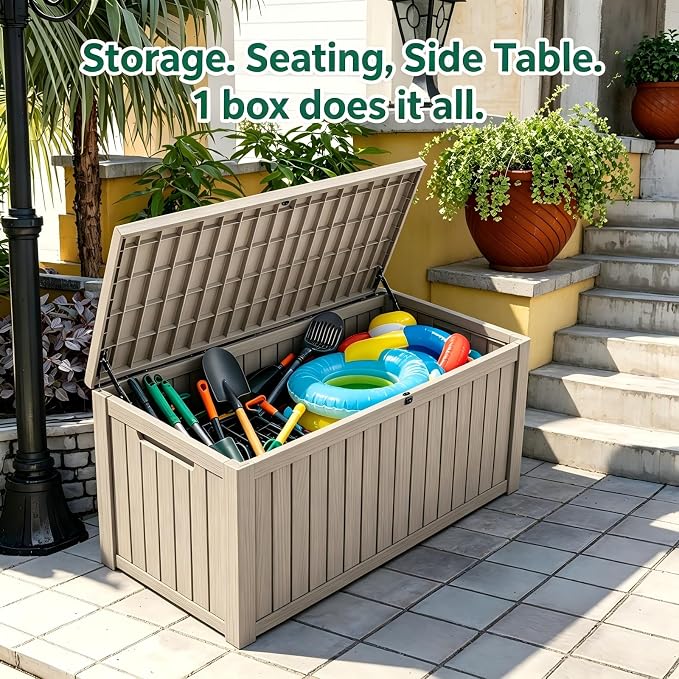 200 Gallon Waterproof Deck Box, Large Resin Outdoor Storage Box for Patio Cushion Storage, Pool Accessories & Garden Tools, 880 Lbs Load Capacity Storage Bins – Lockable Lid, Grey