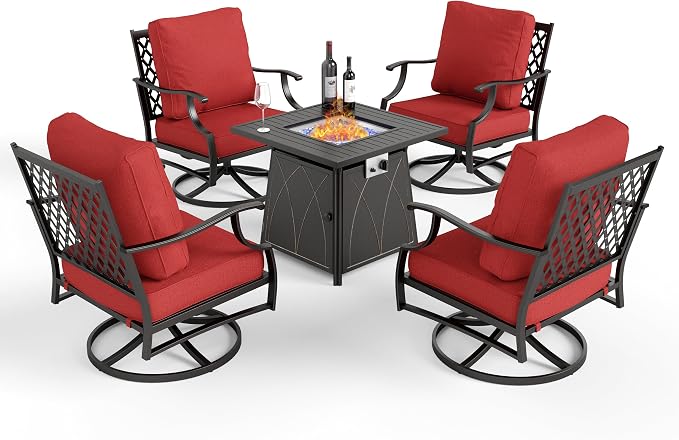 MIXPATIO Patio Furniture Set with Fire Pit Table, 5 Pcs Metal Outdoor Conversation Set, 4 Swivel Chairs with 5.75" Extra Thick Cushion and 28" Fire Pit Table for Backyard Deck, Red