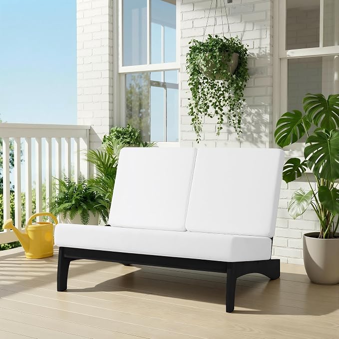All Weather Patio Furniture Sets, 3 Pieces Black Wood Patio Loveseat Sofa Outdoor Sectional Futniture Backyard Conversation Set with Solid Wooden Coffee Table - Beige