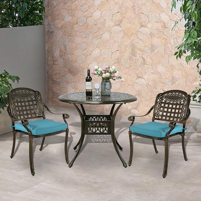 VIVIJASON 3-Piece Outdoor Patio Bistro Set, All-Weather Cast Aluminum Furniture Dining Sets Include 2 Cushioned Chairs and 35.4" Round Table w/Umbrella Hole for Balcony, Lawn, Ocean Blue Cushion