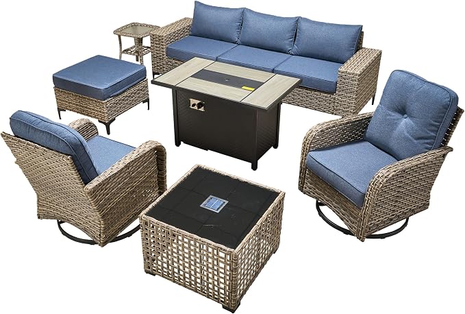 9-Piece Wicker Outdoor Sectional Furniture with Fire Pit, Wide Armrest Patio Couch Set Swivel Rocking Chair Ottoman Solar Table, Modular Conversation Sets for Backyard Deck Garden, Denim Blue