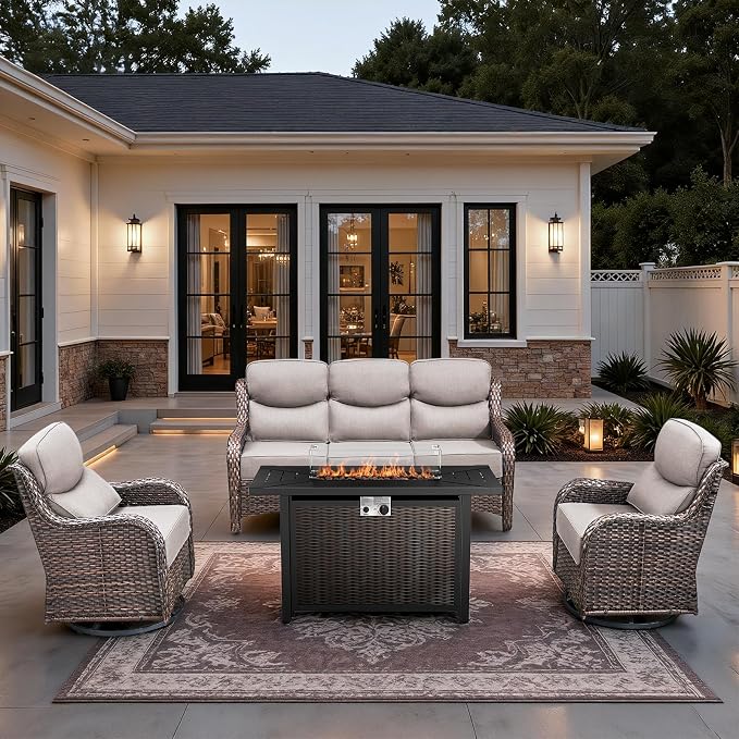 HUMMUH 6 Pieces Patio Furniture Set with Fire Pit High Back Outdoor Furniture Set 6-inch Cushions Wicker Patio Swivel Rocker Chairs for Balcony Garden,Lawn,Deck