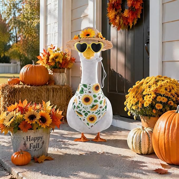 3Pcs Sunflower Outfit for Porch Goose - Fall Autumn Bowknot Straw Hat, Glasses with Bib Accessories for 23'' Cement Statue, Garden Lawn Thanksgiving Halloween Outdoor Decoration