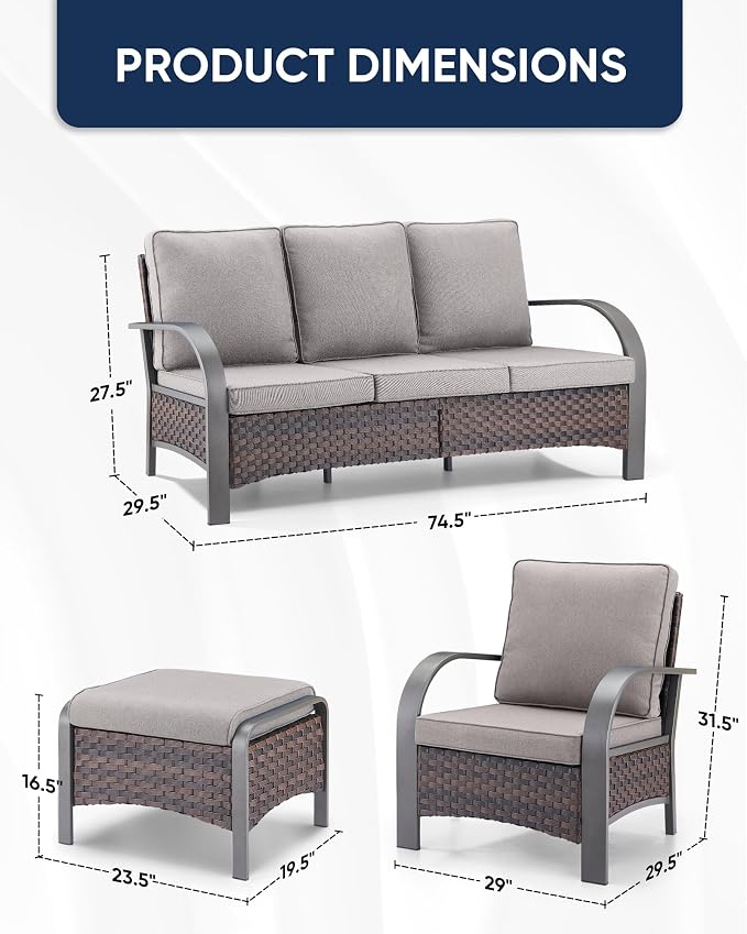HUMMUH Outdoor Patio Conversation Furniture Sets-Deep Seating Wicker Patio Chairs with Patio Sofa Set Outdoor Patio Furniture for Deck Porch Garden Poolside Backyard-Brown/Grey
