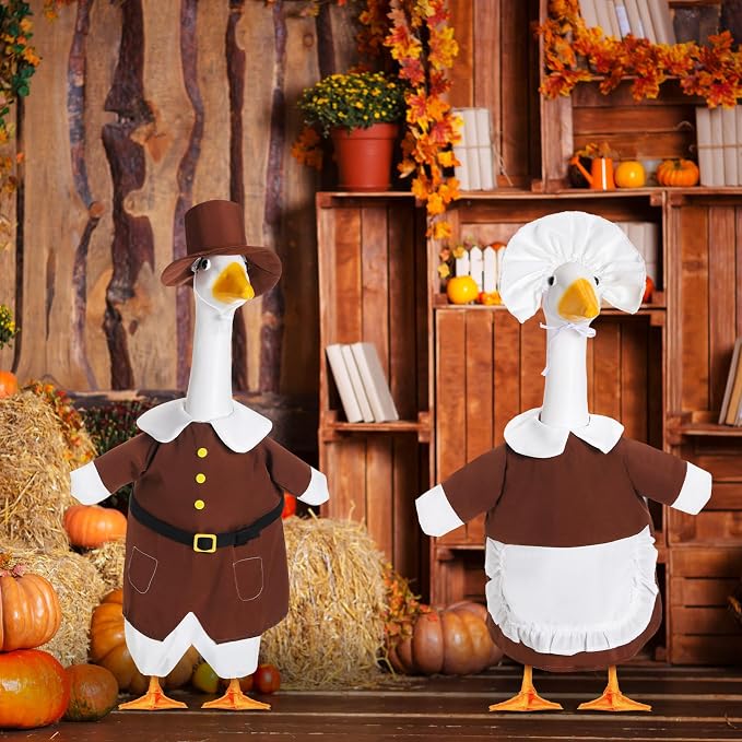 2 Set Thanksgiving Goose Outfit Pilgrim Couple Costume Autumn Lawn Porch Goose Cloths Plastic Goose Clothing Fall Thanksgiving Goose Outfit for 23" Goose Outdoor Patio Yard Lawn Art