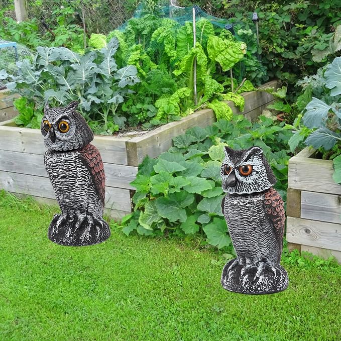 Hedoc 2 Pack Fake Owl Decoys to Scare Birds Away, Rotating Head Bird Deterrents, Nature Enemy Scarecrow Plastic Statues, Pest Repellent for Gardens and Patios