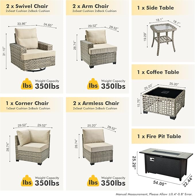 HOOOWOOO Sectional Patio Furniture Set with Fire Pit Table,10 Pieces Wicker Outdoor Furniture L Shaped Couch,Outside Conversation Set Extra Deep Seat Sofa Wide Arm Swivel Chairs Solar Table,Beige