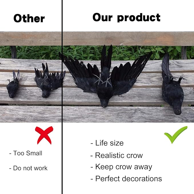 Etistta 2-Pack Realistic Crows Lifesize Extra Large Handmade Black Feathered Crow for Halloween Decorations Birds, L (13 inch+12 inch)