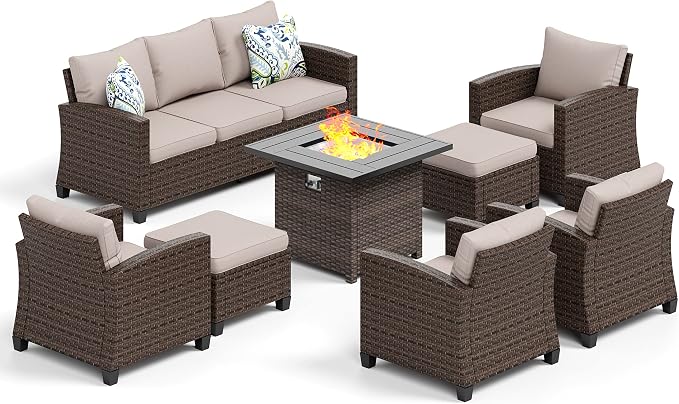 HERA'S HOUSE 8 Pieces Wicker Patio Furniture Set with Fire Pit Table, 4 x Single Chair, 2 x Ottoman, 3-Seat Sofa and 32" Fire Pit Table, Outdoor Rattan Conversation Set for Garden, Poolside, Backyard
