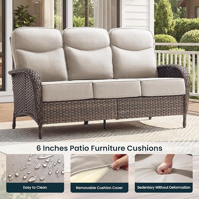 Luxury 6-Inch Cushion Outdoor Patio Furniture Set with Ottoman, Outdoor Swivel Rocker Patio Chairs with Side Table, Wicker Conversation Set for Deck Porch Garden Balcony and Poolside Beige