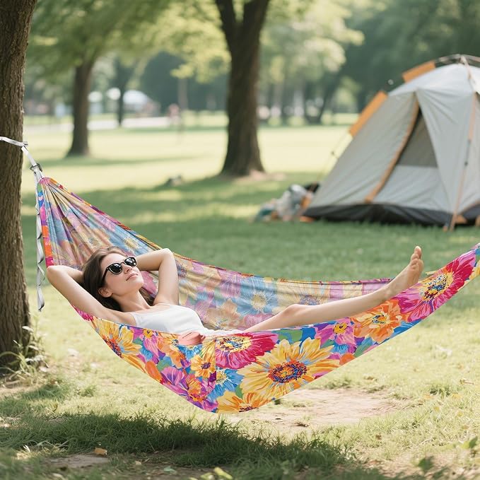 Camping Hammock Outdoor Hammocks for Outside Bright-Coloured Flower Beach Trees Portable Lightweight with Pockets Tree Straps Indoor