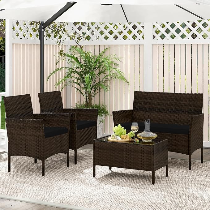 KOTEK 4 Piece Patio Furniture Set, Outdoor Rattan Conversation Set with Loveseat, Wicker Chairs, Tempered Glass Coffee Table, Wicker Patio Set for Backyard, Porch (Black)