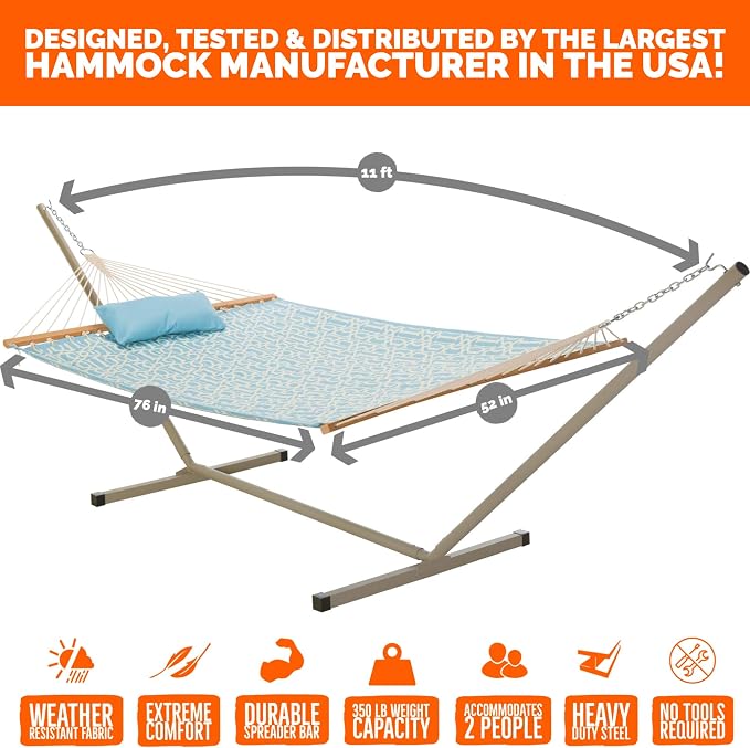 Castaway Living Large 2-Person Quilted Hammock with Stand & Pillow – Light Blue, 10 ft. L x 52 in. W, 350 lb Capacity, Weather-Resistant Polyester, Portable Space-Saving Frame