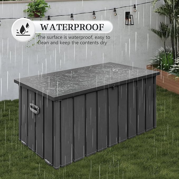 Domi 150 Gallon Deck Box, Metal Outdoor Storage Box with Lock Wheels, Waterproof Outside Storage Box for Patio Cushions