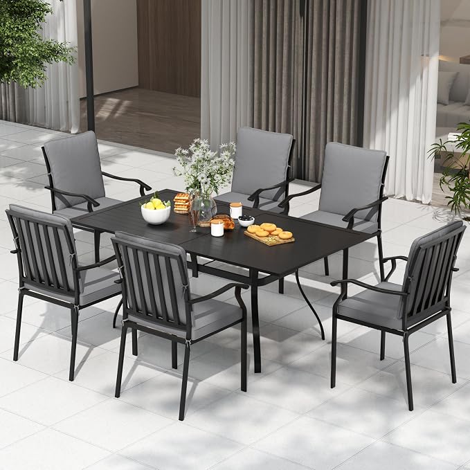 7 Piece Outdoor Patio Dining Set, 62’’ Rectangular Metal Dining Table with Umbrella Hole & 6pcs Outdoor Metal Dining Chairs, Outdoor Furniture Dining Set for Patio, Balcony, Lawn, Garden, Backyard
