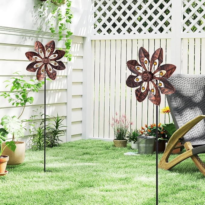 VEWOGARDEN 2 Pack Wind Spinners Outdoor, Metal Wind Spinner with Flower Design for Yard Garden Lawn Decorations, Antique Bronze
