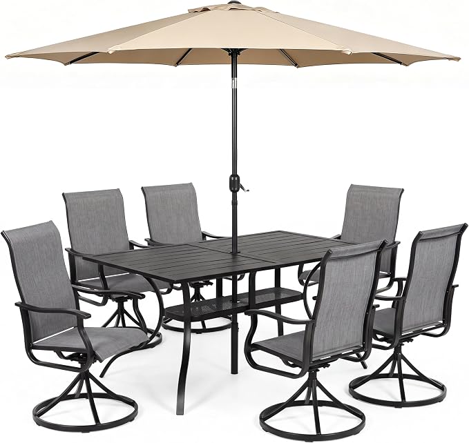 Crownland 7 Piece Furniture Patio Dining Set with Champagne Umbrella, 6 Swivel Metal Chairs and Rectangular Outdoor Dining Table, Outdoor Furniture Dining Set for Lawn, Backyard, Garden(Grey)