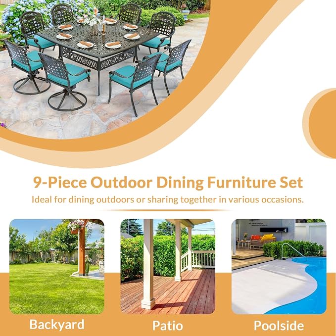 9 Piece Outdoor Patio Dining Set for 8, Cast Aluminium Large Square Dining Table & 2 Swivel Rocker Chairs, 6 Stationary, 8 Cushions, Umbrella Hole, Patio Furniture Set for Garden, Ocean Blue