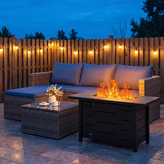 SUNLEI 4-Piece Patio Furniture Set with 43" Propane Fire Pit Table, Outdoor Wicker Sectional Sofa Set, All-Weather Conversation Set for Backyard, Poolside, Garden, Blue Cushions