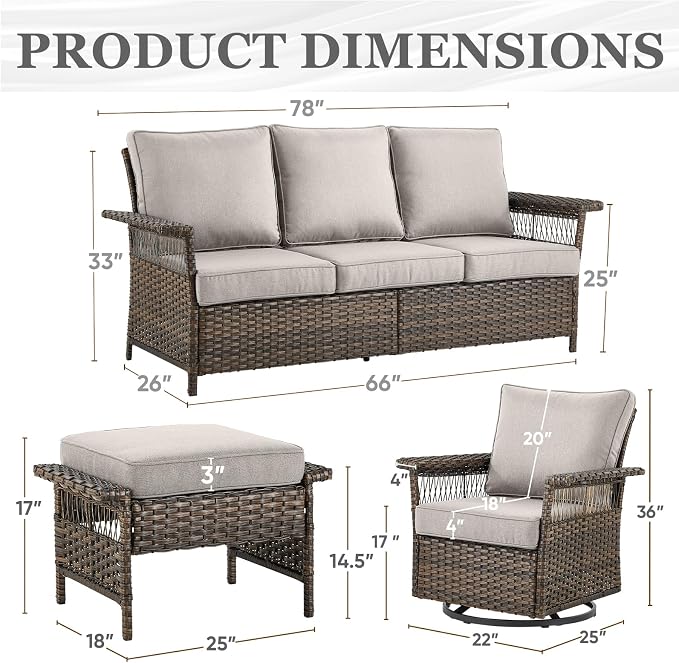 Patio Furniture Set 2 Wicker Swivel Glider Chairs 2 PE Rattan Ottomans with Patio PE Rattan Sofa Brown Wicker Beige Cushions Patio Conversation Set 5pcs for Garden Balcony Backyard