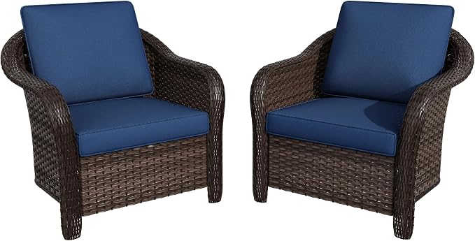 Patio PE Rattan Chairs Set of 2, All-Weather & Steel Frame Outdoor Conversation Furniture Set with Washable Cushions for Garden, Bistro, Deck, Yard (Navy Blue)