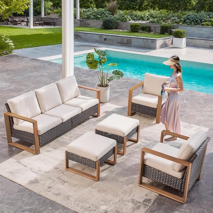 Belord 5 Piece Outdoor Wicker Patio Conversation Furniture Set Deep Seating, Metal Wide Armrests Patio Sofa Set with Rattan Chairs Ottomans for Porch Deck Sunroom Backyard