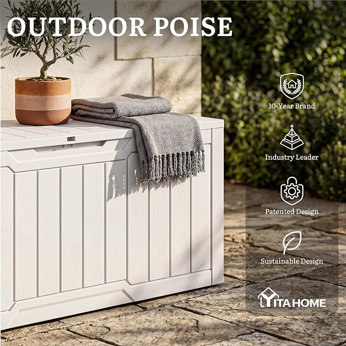 YITAHOME 100 Gallon Large Outdoor Deck Box, Waterproof Resin Storage Box, Lockable Indoor Outdoor Storage Container for Patio Furniture Cushions, Pool Accessories, Garden Tools, White
