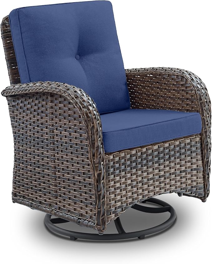2 in 1 Porch Glider Swivel Chair - Wicker Patio Furniture Outdoor Swivel Rocker Chair with Thick Cushion, 300 Lb Weight Capacity Patio Swivel Glider Seating - Brown Wicker, Blue Cushion