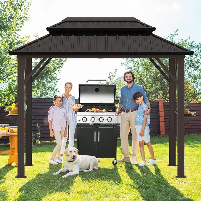 EROMMY 10' x 6' Hardtop Grill Gazebo, Outdoor Metal BBQ Gazebo with Double Galvanized Steel Roof, Permanent Grill Canopy with Side Shelves and Ceiling Hooks for Patio Deck Lawn Backyard Garden (Brown)
