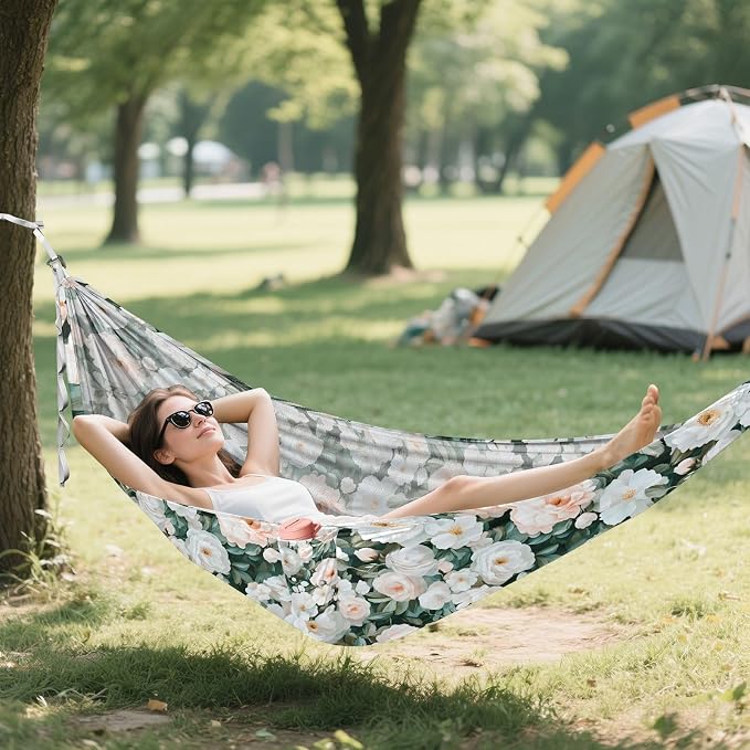 Camping Hammock Outdoor Hammocks for Outside White Camellia Flower Beach Trees Portable Lightweight with Pockets Tree Straps Indoor