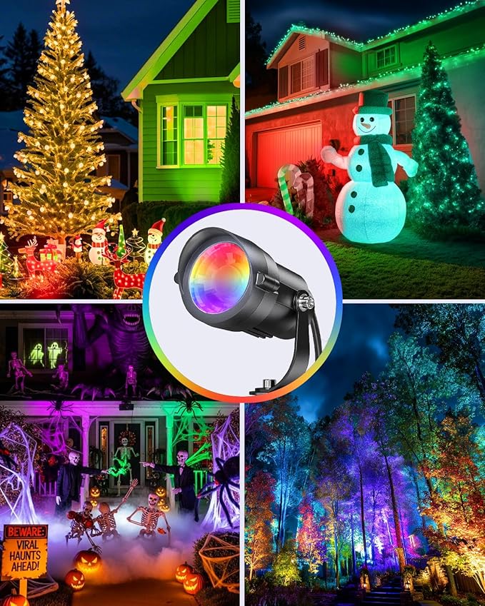 HIBOITEC 12W Christmas Spotlight Outdoor with Plug Timer Color Changing 120V Landscape Lighting Waterproof Dimmable LED Spot Light for Yard Christmas Outside House Garden Tree Decoration 2Pack