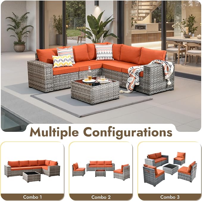 6 Pieces Patio Furniture Set, Wicker Outdoor Sectional Sofa with Coffee Table Comfy Cushions, Modern Modular Deep Seat Rattan Couch Conversation Set for Backyard Porch Yard,Orange