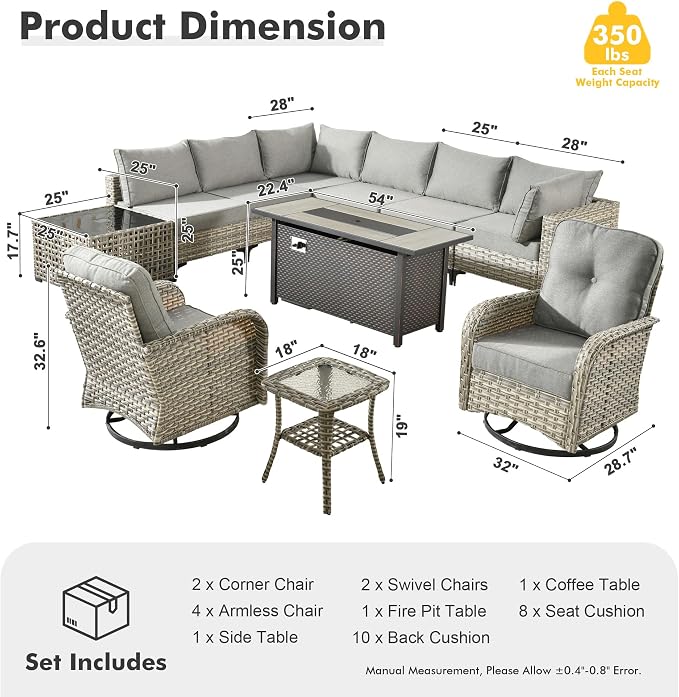 CAODOC 11-Piece Outdoor Sectional Sofa Set with 54" Fire Pit – L-Shaped Wicker Patio Furniture, Deep Seating & Swivel Rockers,Dark Gray