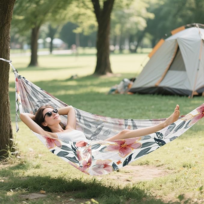 Camping Hammock Outdoor Hammocks for Outside Botanical Flowers Beach Trees Portable Lightweight with Pockets Tree Straps Indoor Small