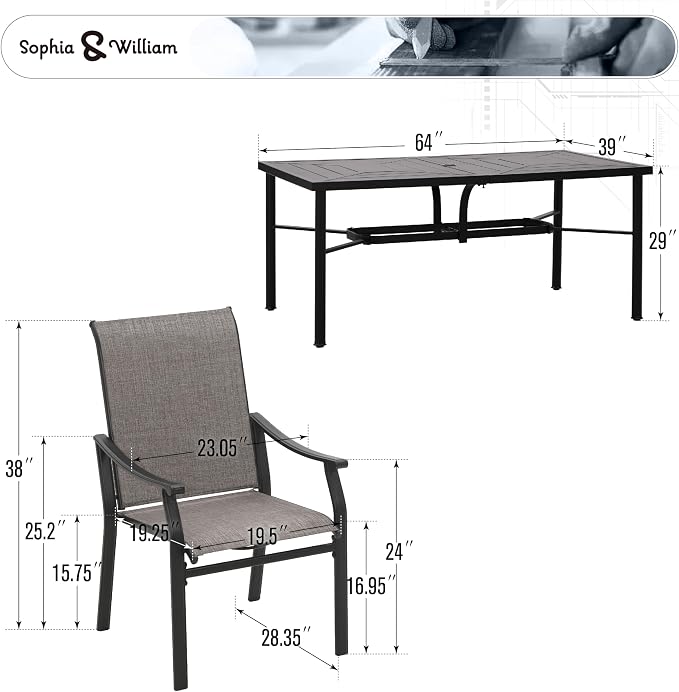 Sophia & William Patio Dining Set 7 Pieces, 6 Quick Dry Textilene Chairs and 1 Large 64" Metal Dining Table, Durable All-Weather Patio Furniture for Lawn, Park, and Courtyard Support 350lbs