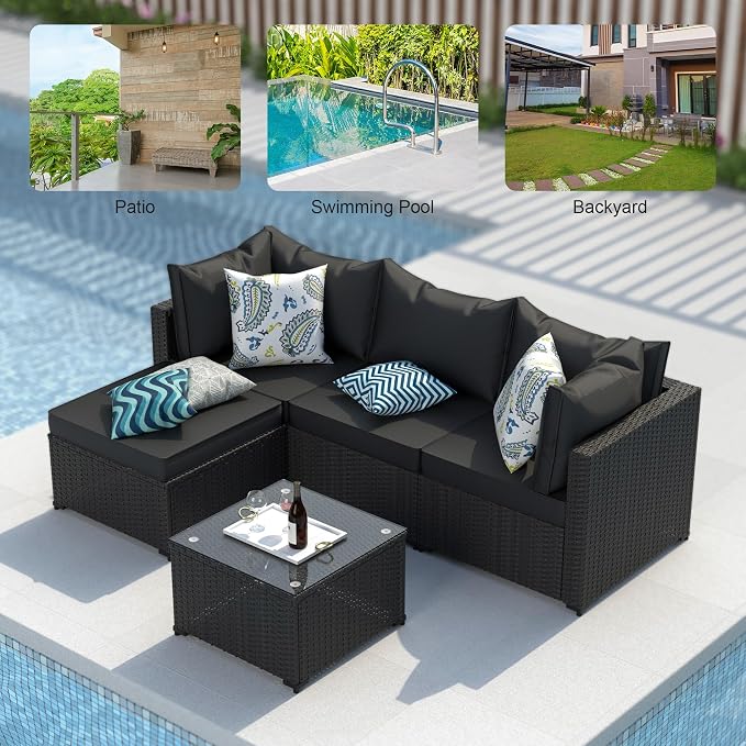 GOJOOASIS Patio Furniture Set Outdoor Sectional Sofa with Ottoman Wicker Couch Rattan Modular Seating Conversation Sets Porch Decor for Backyard, Balcony, Garden (Black)