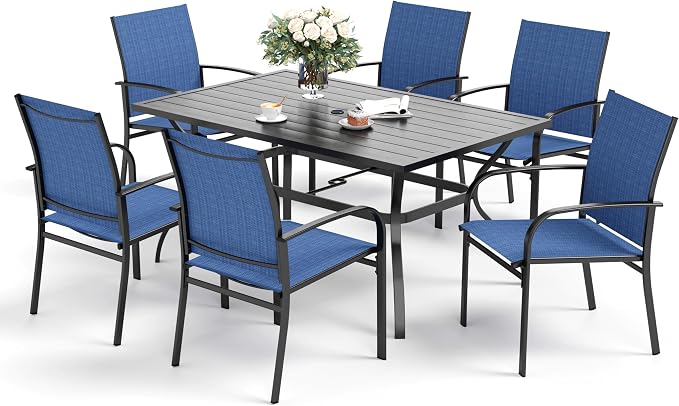 SUNSHINE VALLEY 7 Piece Patio Dining Set for 6, Rectangular Metal Dining Table with Umbrella Hole and 6 Chairs, Outdoor Table and Chairs Set for Lawn Backyard and Deck, Blue